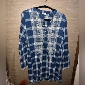 DYLAN Indigo Check embroidered Plaid TUNIC SHIRT Blouse Women's SMALL